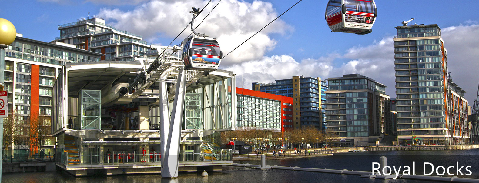 Royal Docks East London with cable car and marina